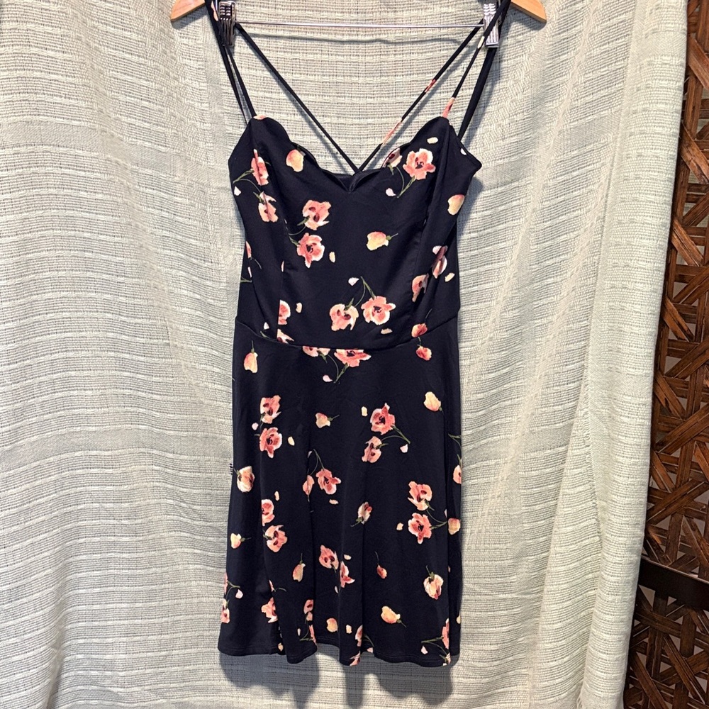 Floral Mini Dress - Dark Navy Blue with Pink Flowers